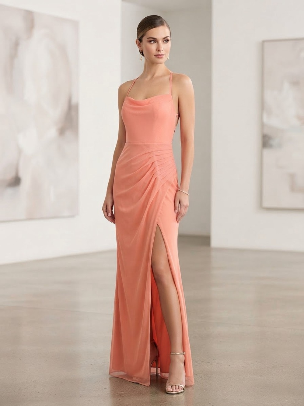 Azazie Coral Cowl Neck Maxi Dress